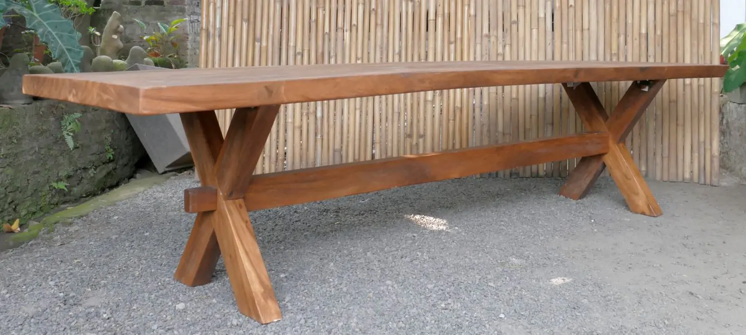  Product image 4 of the product “Natural wood table suar with wooden legs X model, 340cm length, 110cm width, 81cm height. Table top 8cm thickness ”